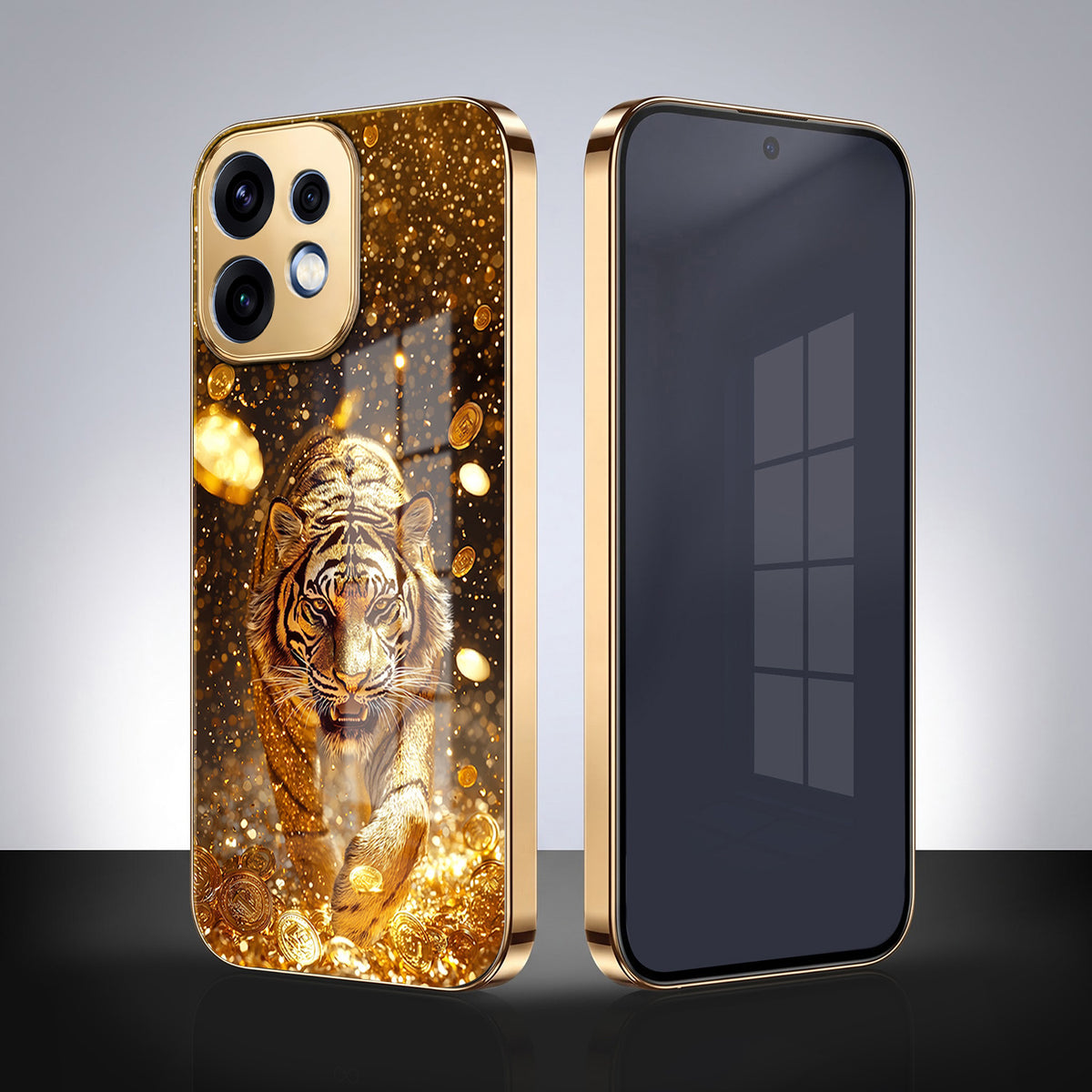 Oppo Reno 16 5G Luxury Tiger Gold Electroplated Glass Phone Back Case