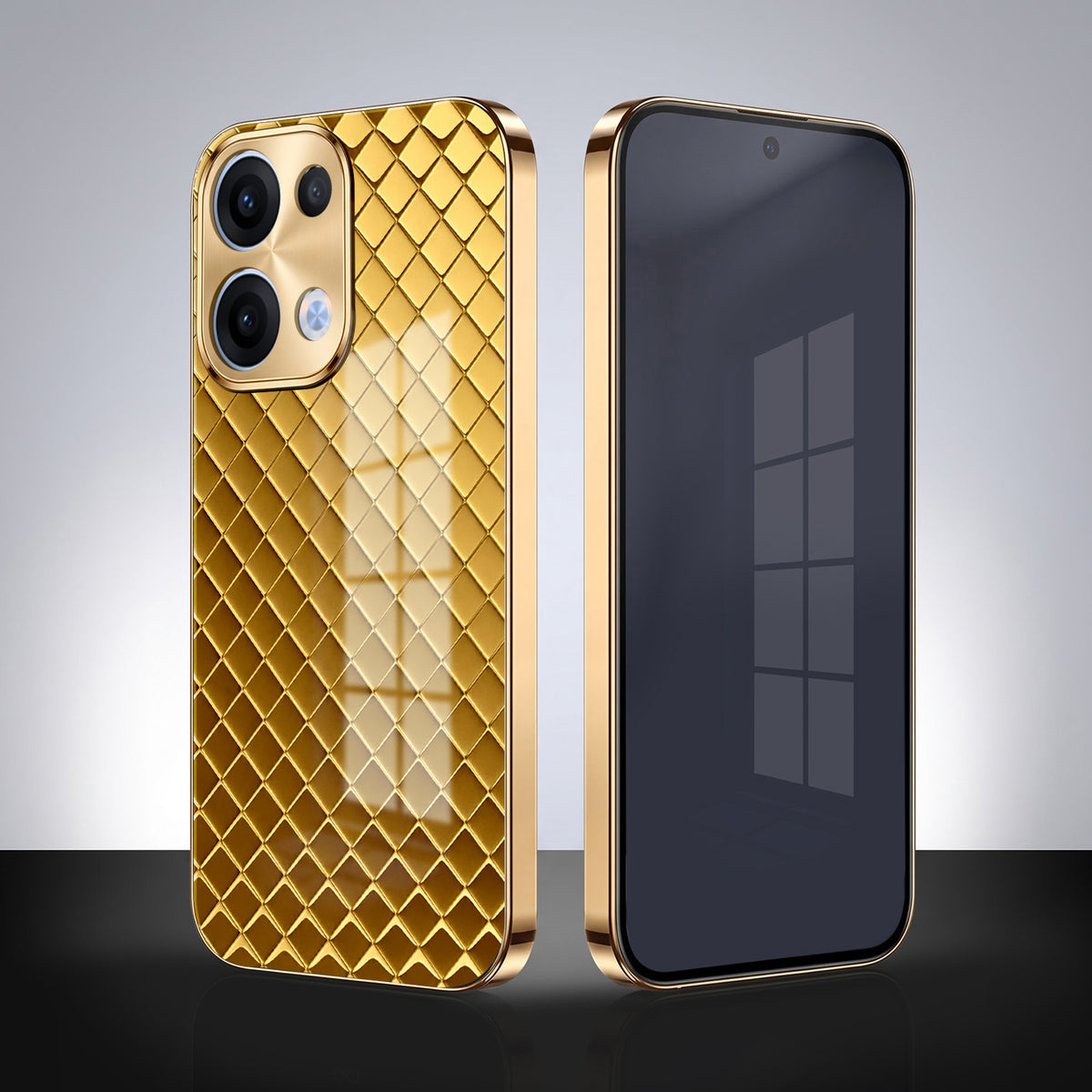 Oppo Reno 13 5G Golden Criss Cross Gold Electroplated Glass Phone Back Case