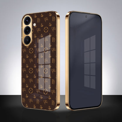 Samsung Galaxy A36 5G Luxury Monogram Brown Gold Electroplated Glass Phone Back Case