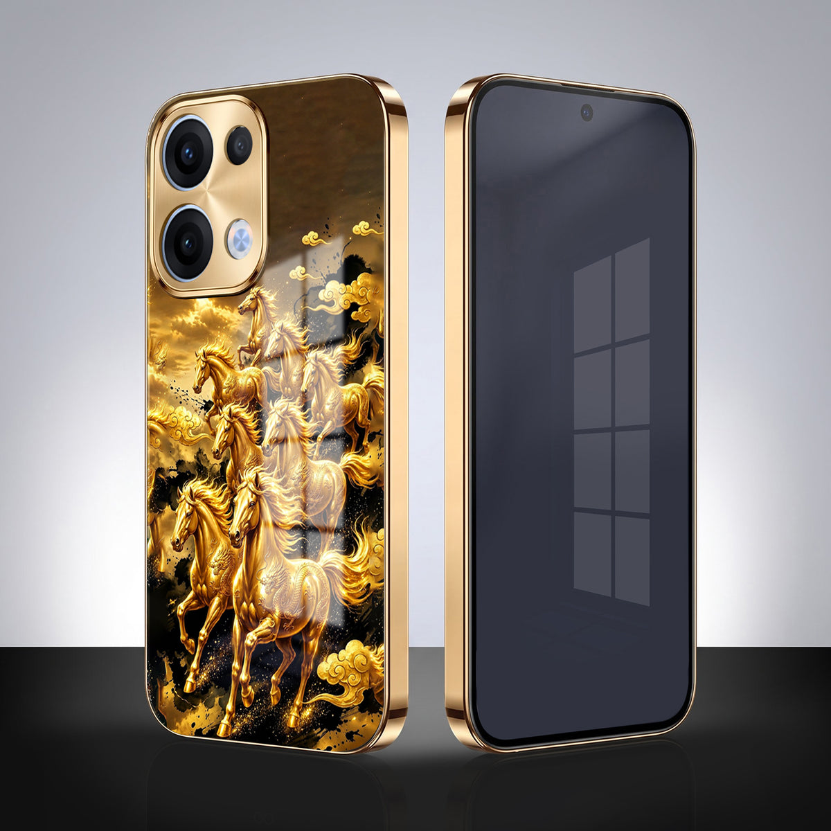 Oppo Reno 13 5G Horses Royal Glory Gold Electroplated Glass Phone Back Case