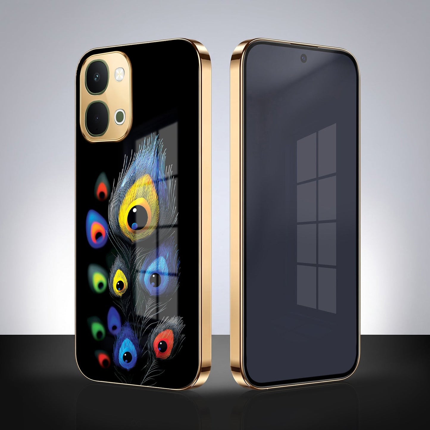 Vivo T5x 5G Premium Peacock Feather Gold Electroplated Glass Phone Back Case