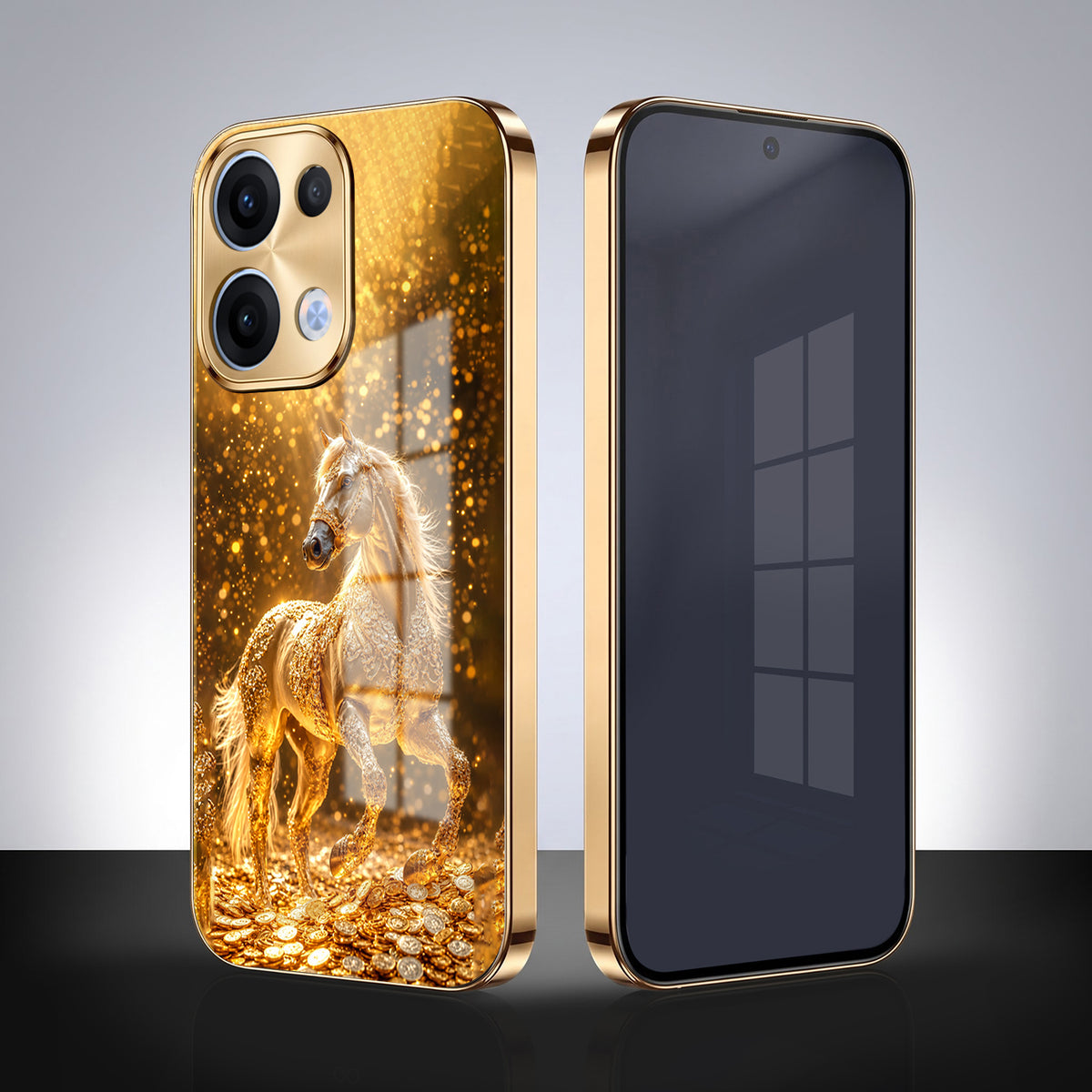 Oppo Reno 13 5G Golden Horse Sparkle Gold Electroplated Glass Phone Back Case