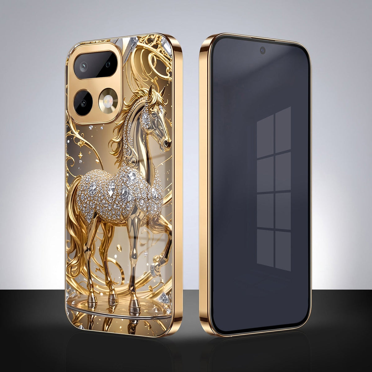 Realme 16 Pro+ 5G Luxury Horse Texture Gold Electroplated Glass Phone Back Case