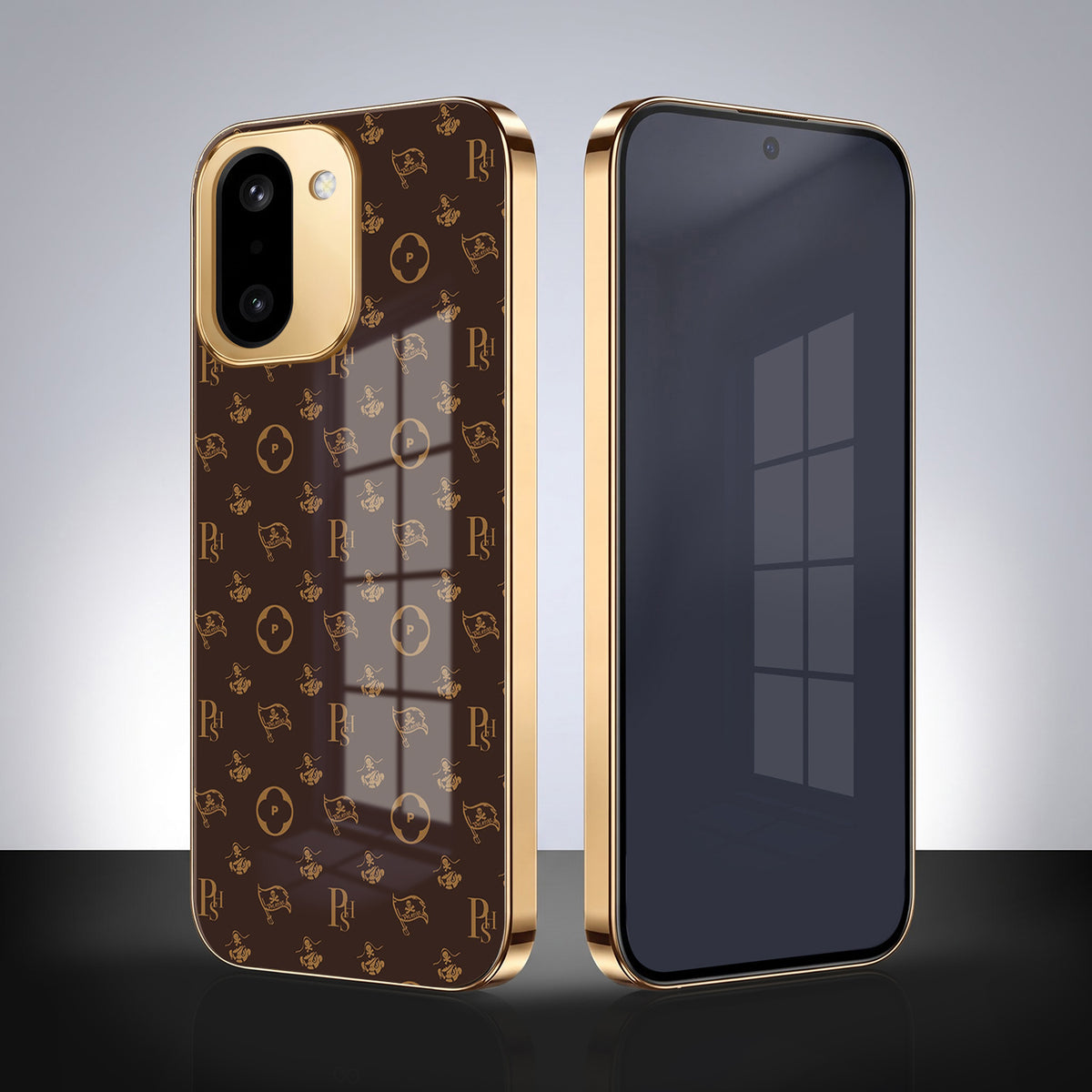 OnePlus 15R 5G Luxury Monogram Brown Gold Electroplated Glass Phone Back Case