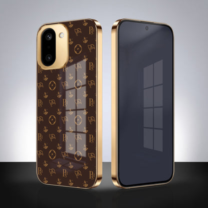 OnePlus 15R 5G Luxury Monogram Brown Gold Electroplated Glass Phone Back Case