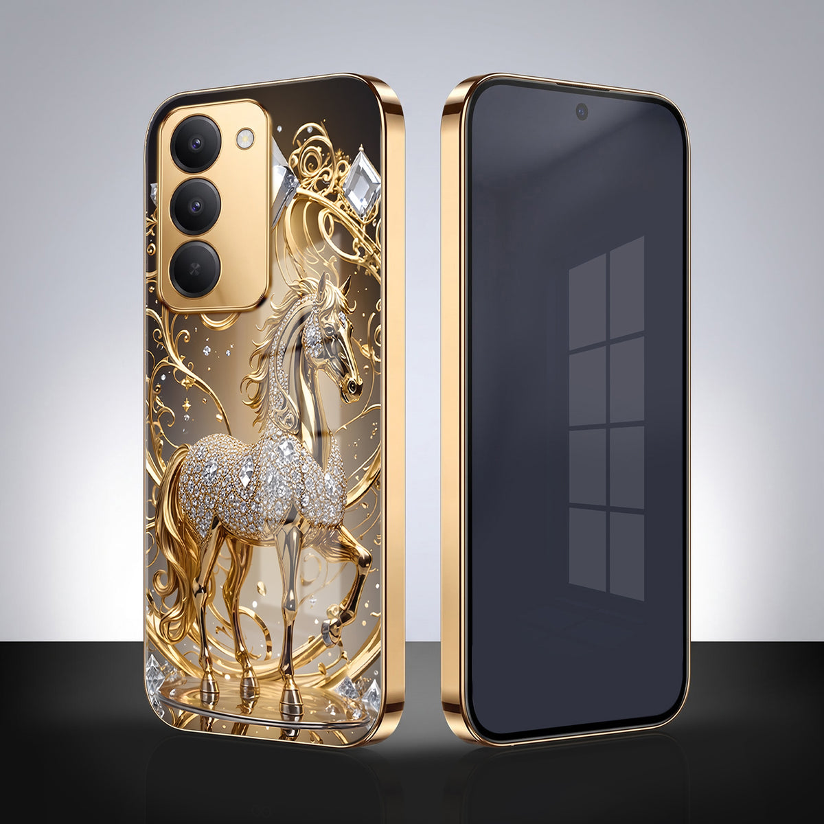 Redmi 15 5G Luxury Horse Texture Gold Electroplated Glass Phone Back Case
