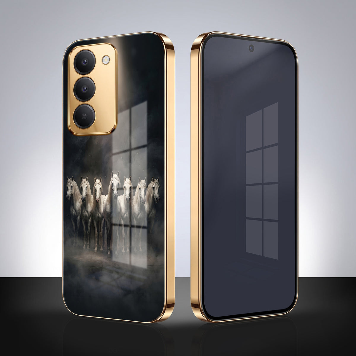 Redmi 15 5G Running Horses Gold Electroplated Glass Phone Back Case