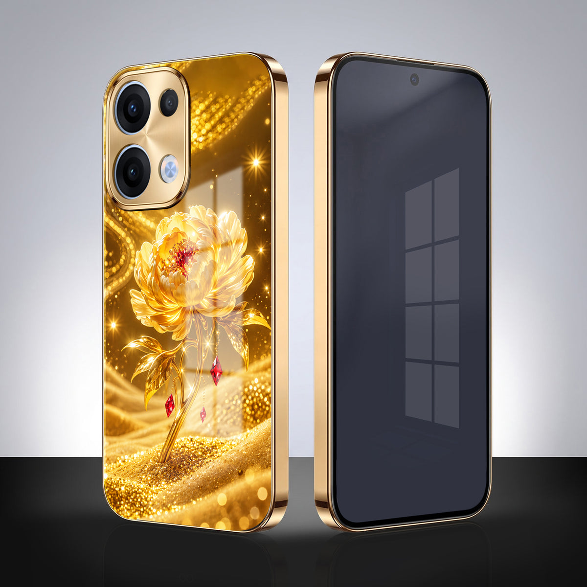 Oppo Reno 13 5G Golden Rose Elegance Gold Electroplated Glass Phone Back Case