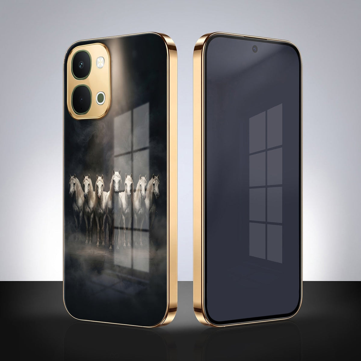 Vivo T5x 5G Running Horses Gold Electroplated Glass Phone Back Case