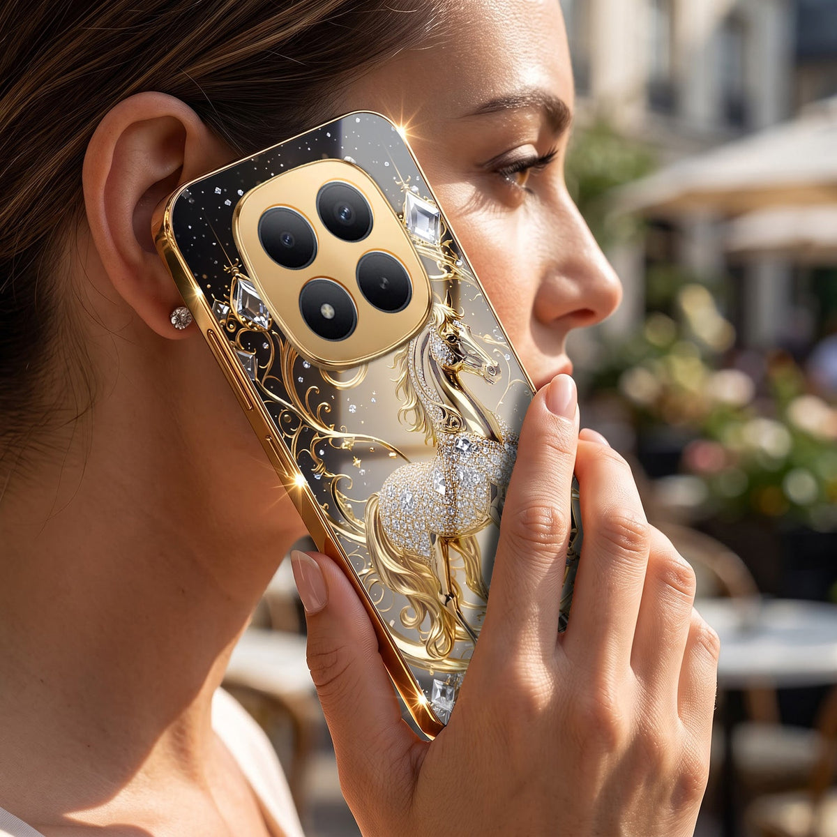 Redmi Note 15 Pro+ 5G Luxury Horse Texture Gold Electroplated Glass Phone Back Case