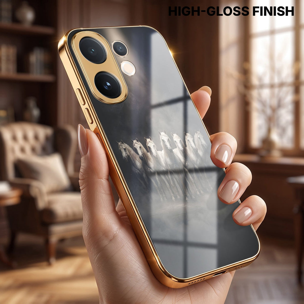 Vivo V60 5G Running Horses Gold Electroplated Glass Phone Back Case