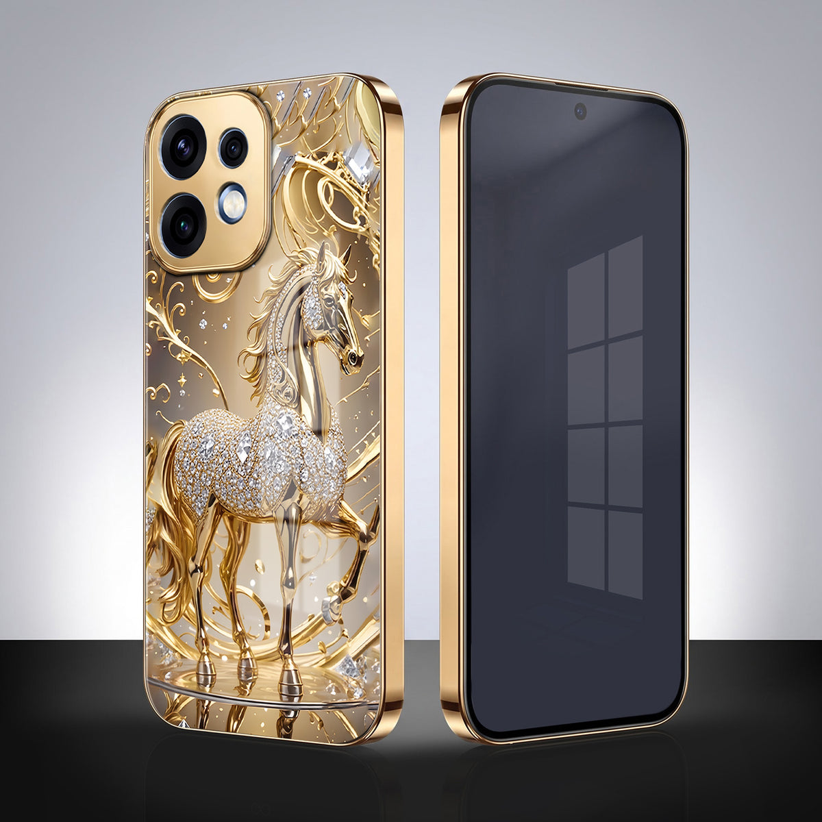 Oppo Reno 16 5G Luxury Horse Texture Gold Electroplated Glass Phone Back Case