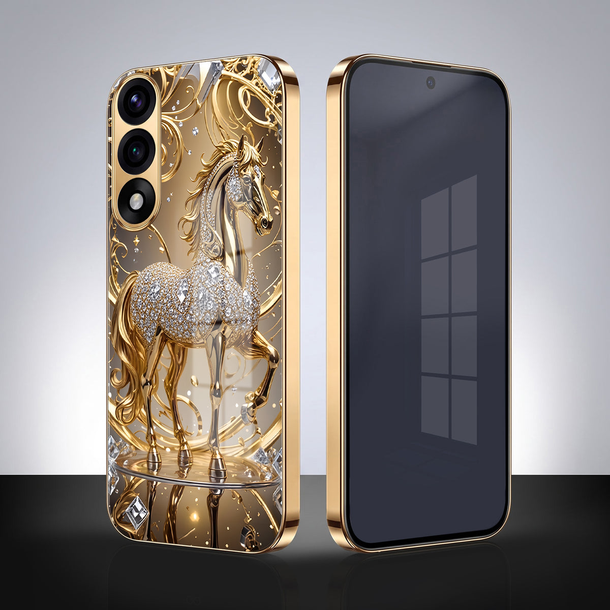 OnePlus Nord 5 5G Luxury Horse Texture Gold Electroplated Glass Phone Back Case