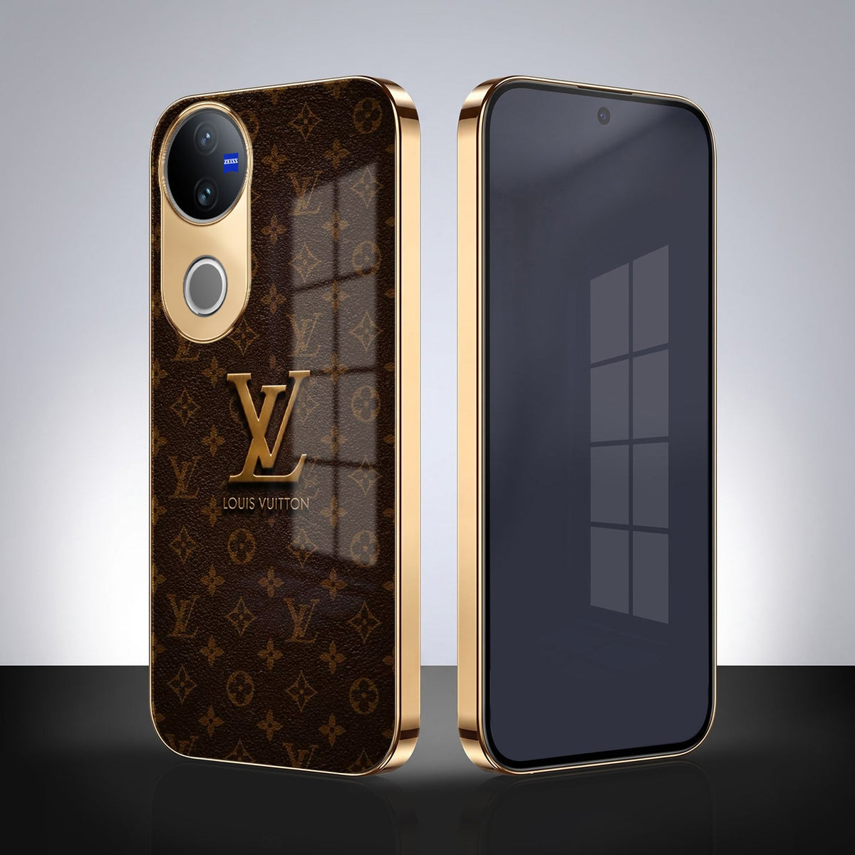 Vivo V50 5G LV Brown Monogram Gold Electroplated Glass Phone Back Case