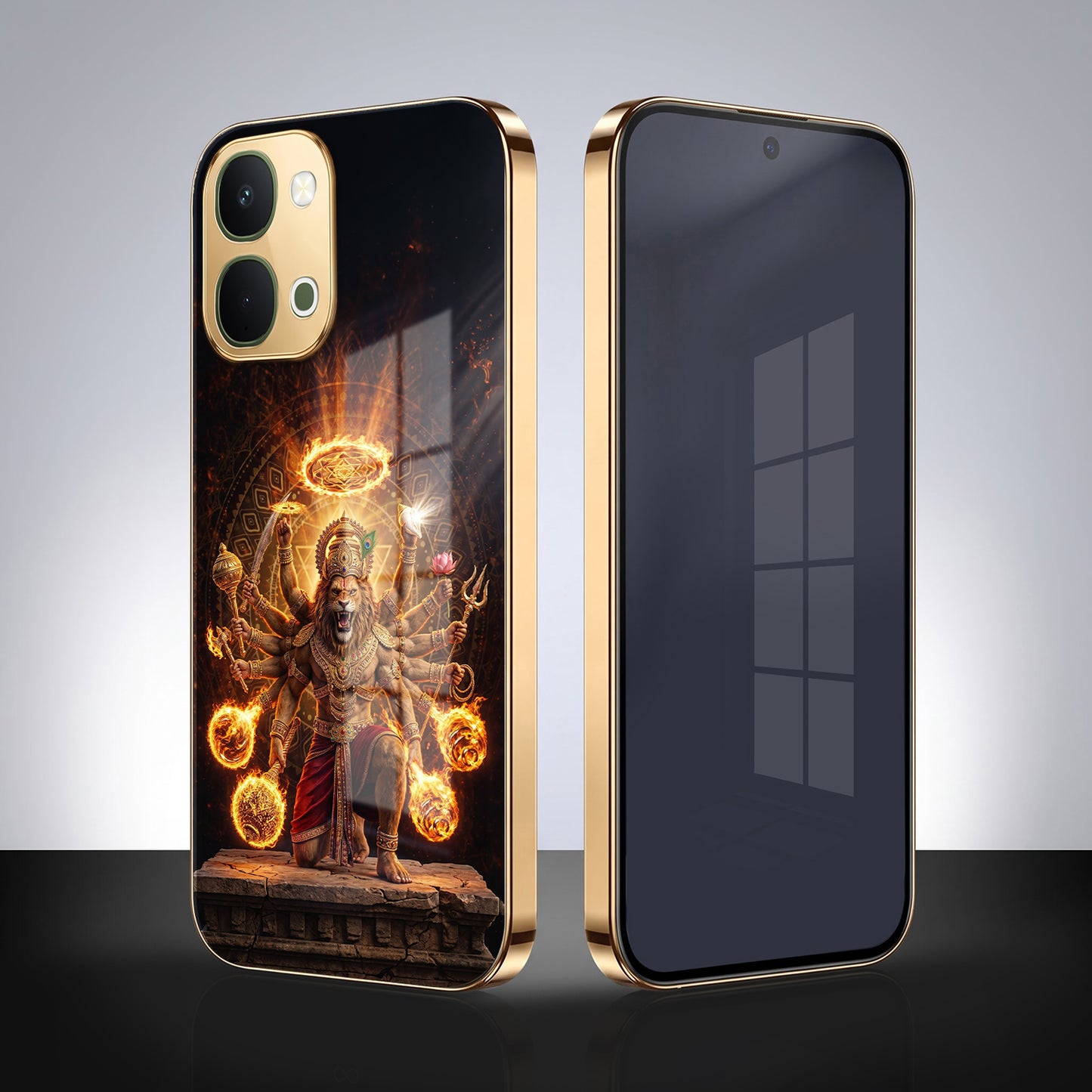 Vivo T5x 5G Lord Narasimha Gold Electroplated Glass Phone Back Case