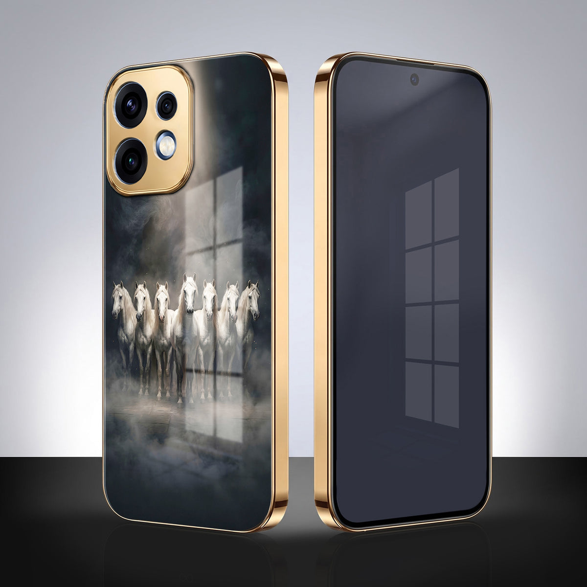 Oppo Reno 16 5G Running Horses Gold Electroplated Glass Phone Back Case