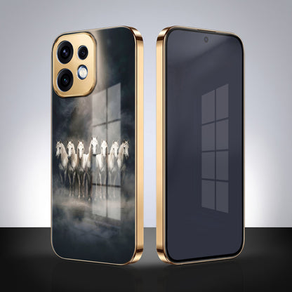 Oppo Reno 16 5G Running Horses Gold Electroplated Glass Phone Back Case
