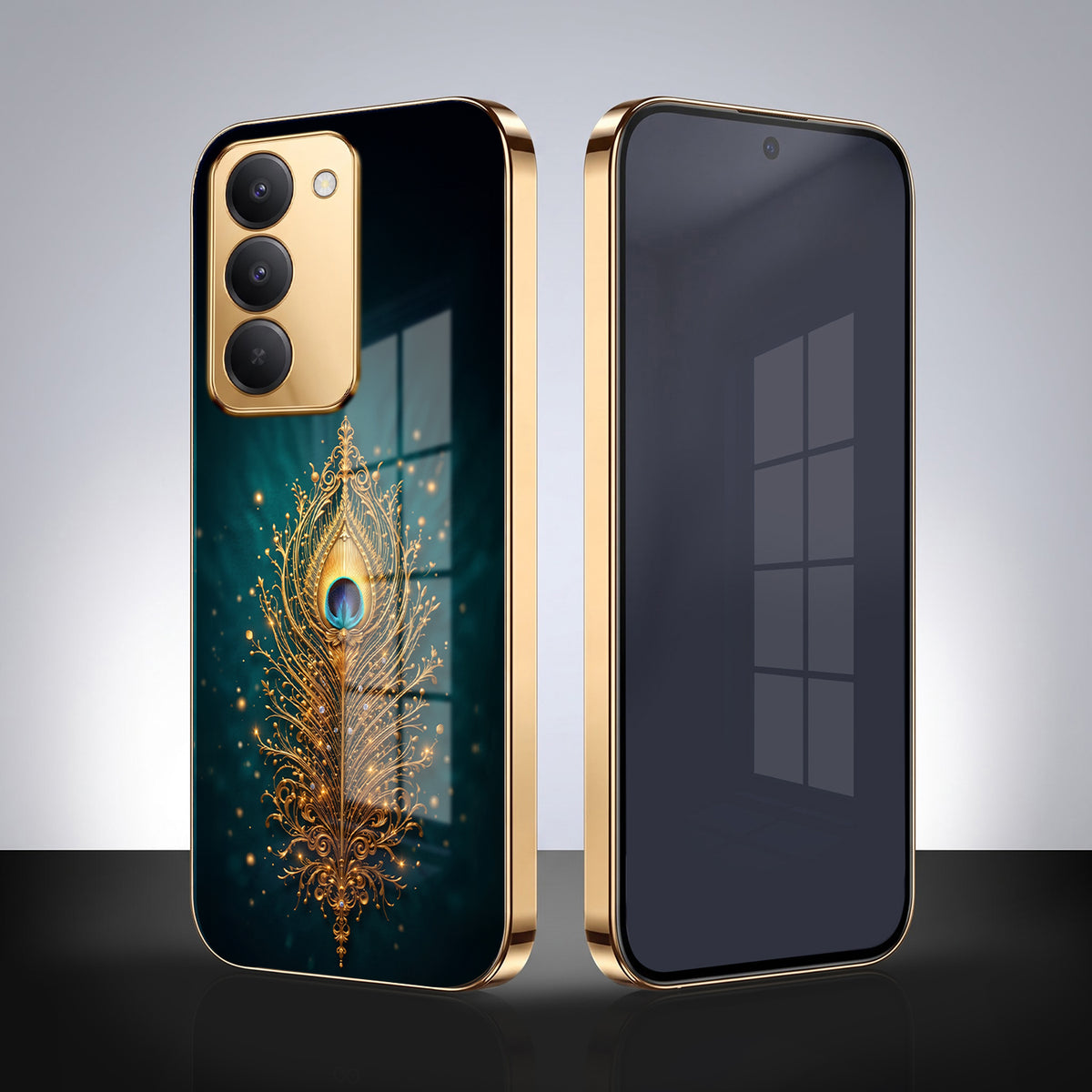 Redmi 15 5G Golden Peacock Feather Gold Electroplated Glass Phone Back Case