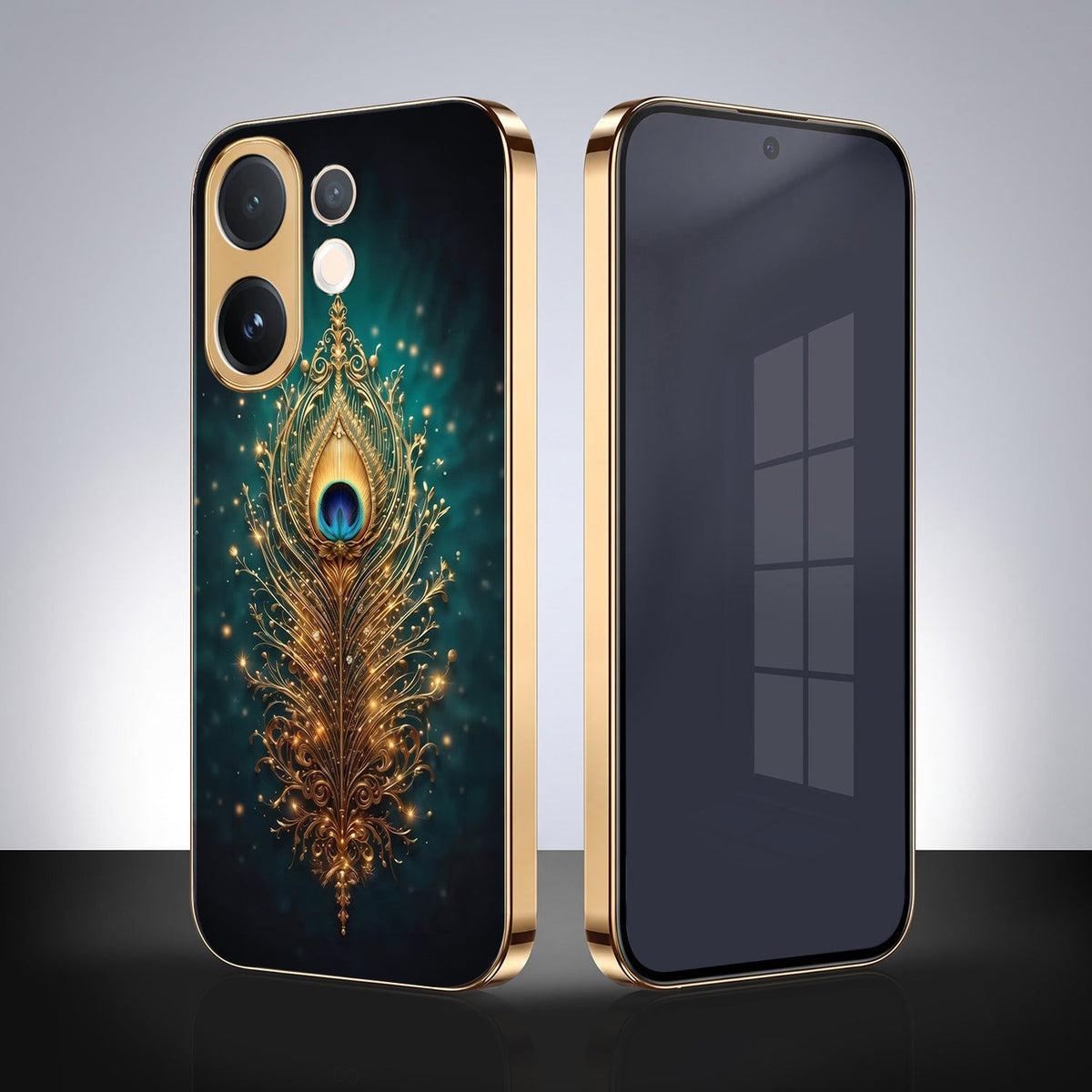 Vivo V60e 5G Golden Peacock Feather Gold Electroplated Glass Phone Back Case