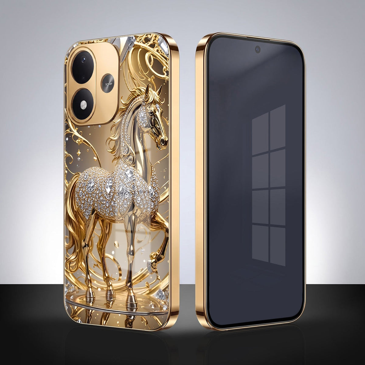 Redmi Note 17 5G Luxury Horse Texture Gold Electroplated Glass Phone Back Case