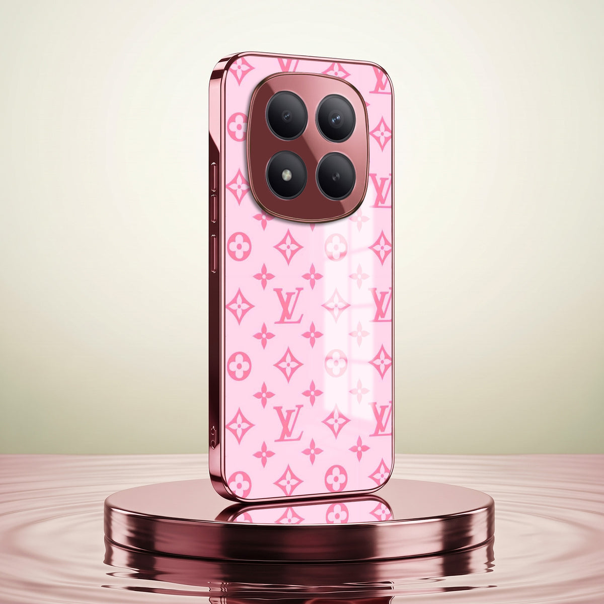 Redmi Note 15 Pro+ 5G Luxury Monogram Pink Electroplated Glass Phone Back Case