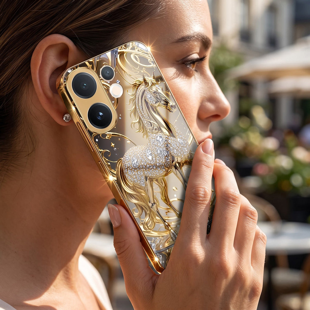 Vivo V60 5G Luxury Horse Texture Gold Electroplated Glass Phone Back Case
