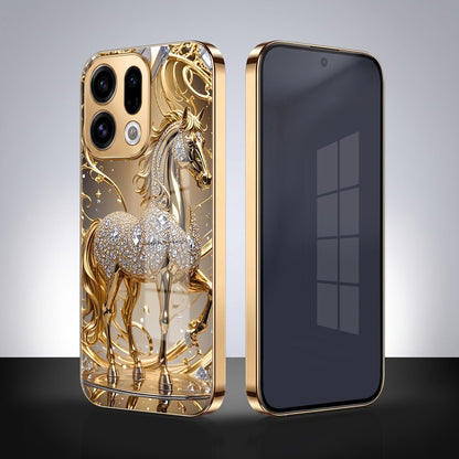 Oppo Find X9 5G Luxury Horse Texture Gold Electroplated Glass Phone Back Case