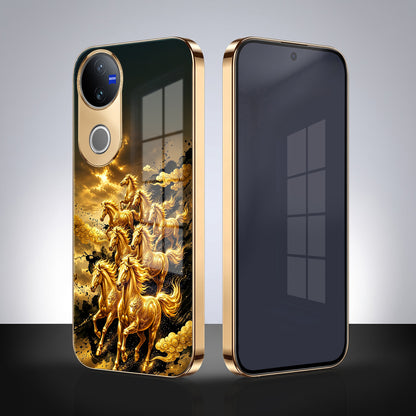 Vivo V50 5G Horses Royal Glory Gold Electroplated Glass Phone Back Case