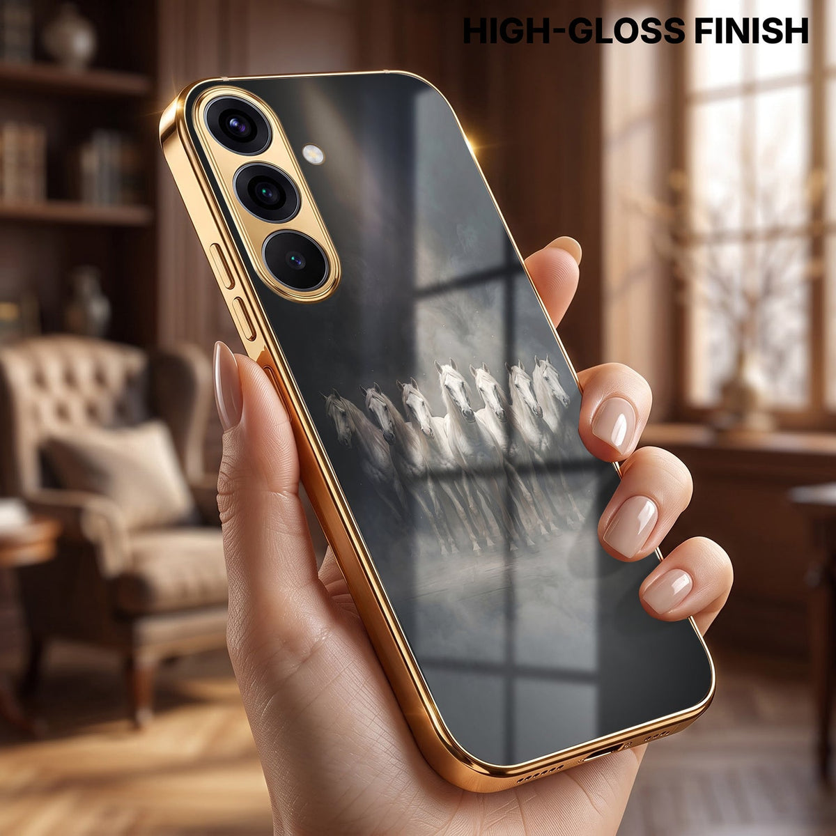 Samsung Galaxy A56 5G Running Horses Gold Electroplated Glass Phone Back Case