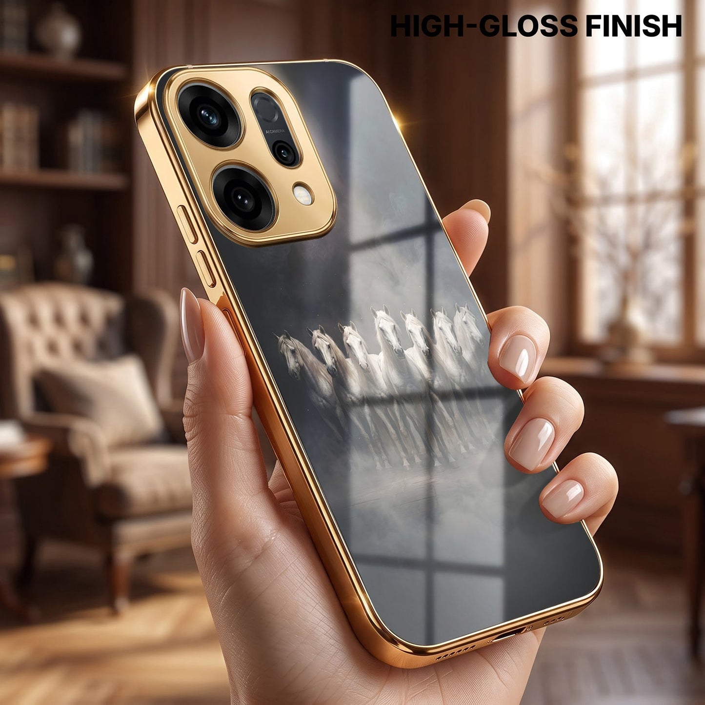 Oppo Reno 14 5G Running Horses Gold Electroplated Glass Phone Back Case