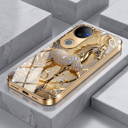 Vivo V50 5G Luxury Horse Texture Gold Electroplated Glass Phone Back Case