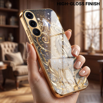 Samsung Galaxy A56 5G Luxury Horse Texture Gold Electroplated Glass Phone Back Case