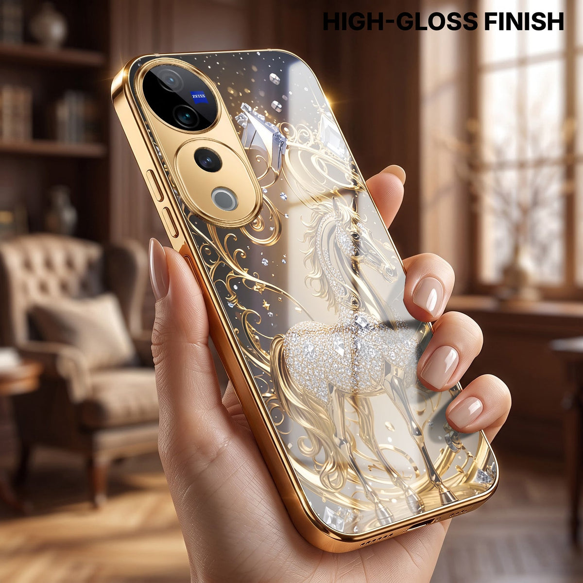 Vivo V40 Pro 5G Luxury Horse Texture Gold Electroplated Glass Phone Back Case