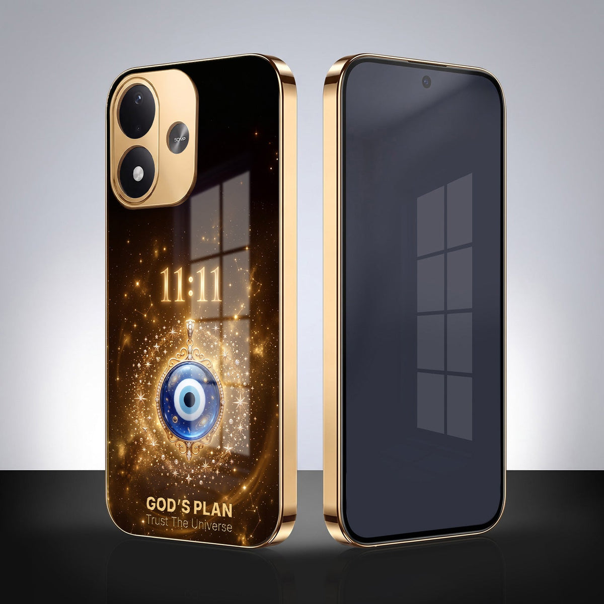 Redmi Note 17 5G God’s Plan Evil Eye Gold Electroplated Glass Phone Back Case