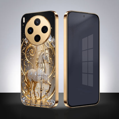 Vivo X300 5G Luxury Horse Texture Gold Electroplated Glass Phone Back Case