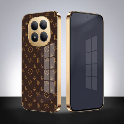 Redmi Note 15 Pro Plus 5G Luxury Monogram Brown Gold Electroplated Glass Phone Back Case