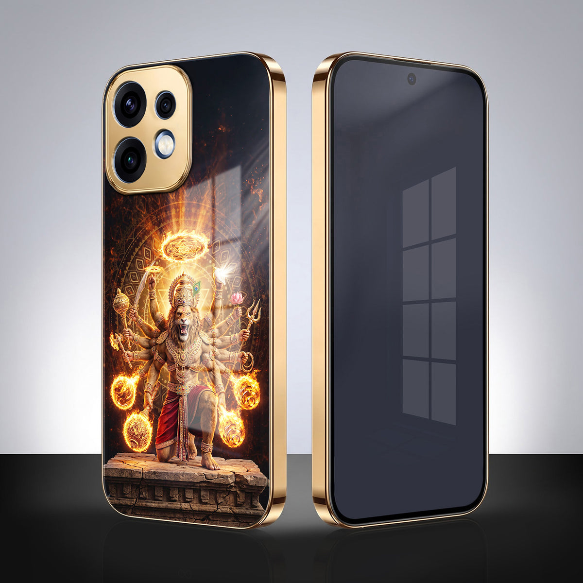 Oppo Reno 16 5G Lord Narasimha Gold Electroplated Glass Phone Back Case