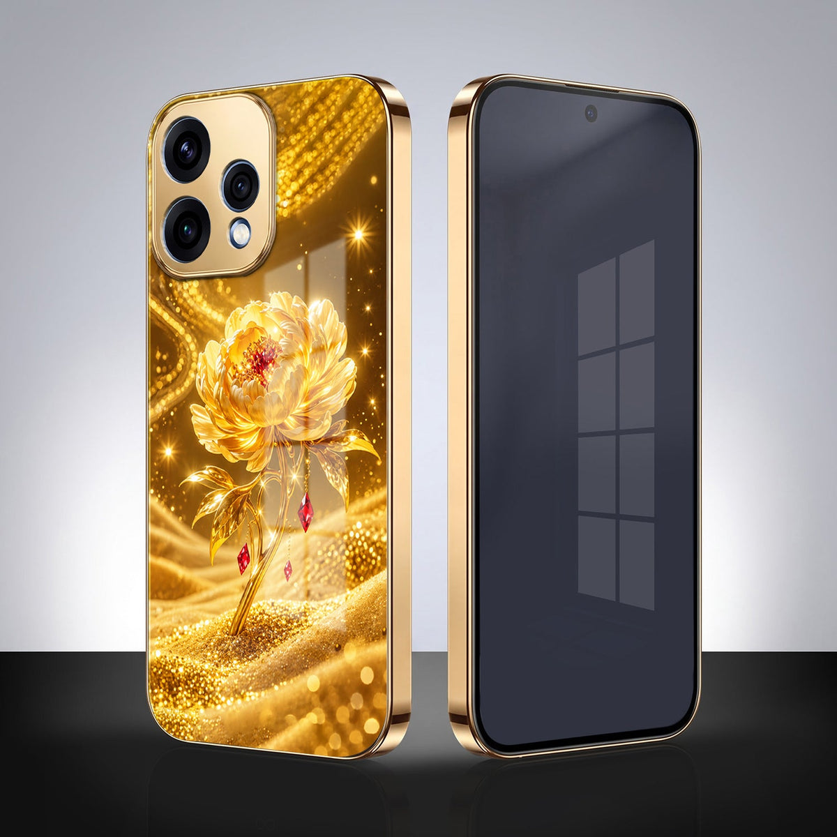 Oppo Reno 15 5G Golden Rose Elegance Gold Electroplated Glass Phone Back Case