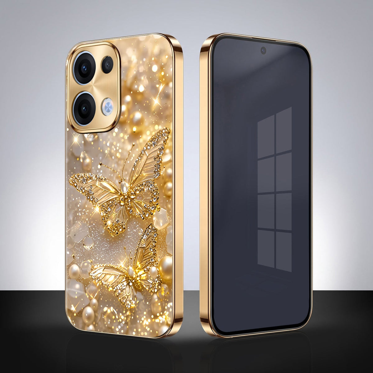 Oppo Reno 13 5G Golden Butterfly Gold Electroplated Glass Phone Back Case