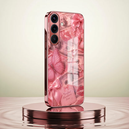 Samsung Galaxy A36 5G Luxury Dollar Butterfly Pink Electroplated Glass Phone Back Case