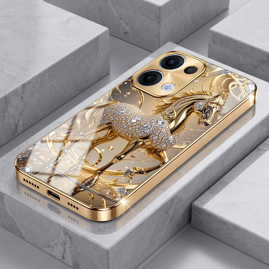 Oppo Reno 13 5G Luxury Horse Texture Gold Electroplated Glass Phone Back Case