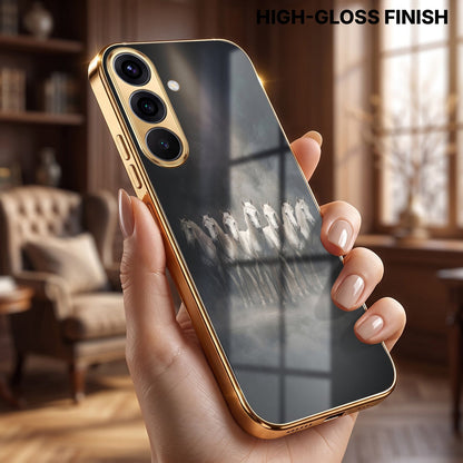 Samsung Galaxy A36 5G Running Horses Gold Electroplated Glass Phone Back Case