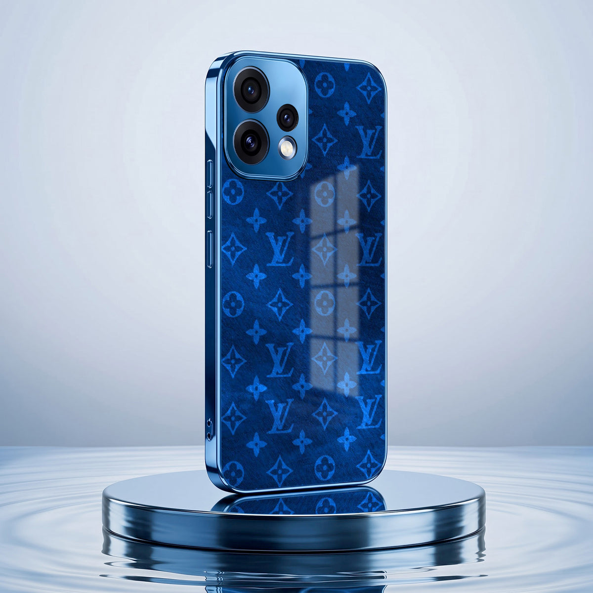 Oppo Reno 15 5G Luxury Monogram Blue Electroplated Glass Phone Back Case