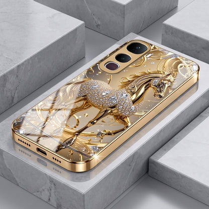 Vivo Y400 Pro 5G Luxury Horse Texture Gold Electroplated Glass Phone Back Case