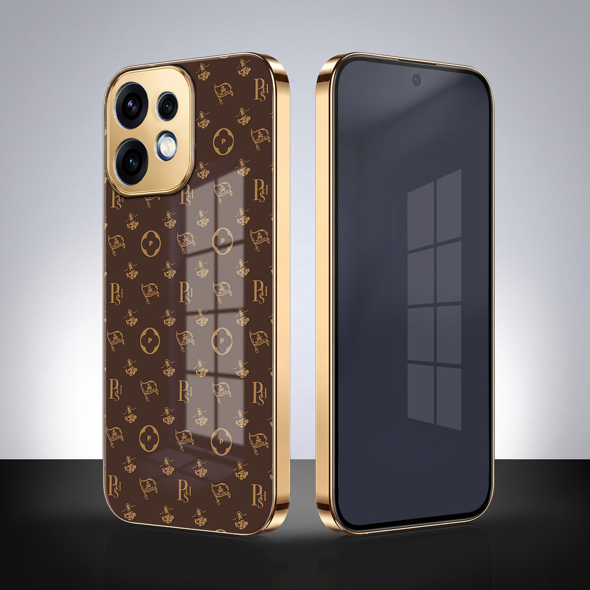Oppo Reno 16 5G Luxury Monogram Brown Gold Electroplated Glass Phone Back Case
