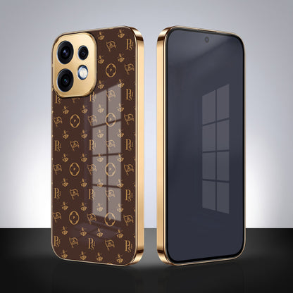 Oppo Reno 16 5G Luxury Monogram Brown Gold Electroplated Glass Phone Back Case