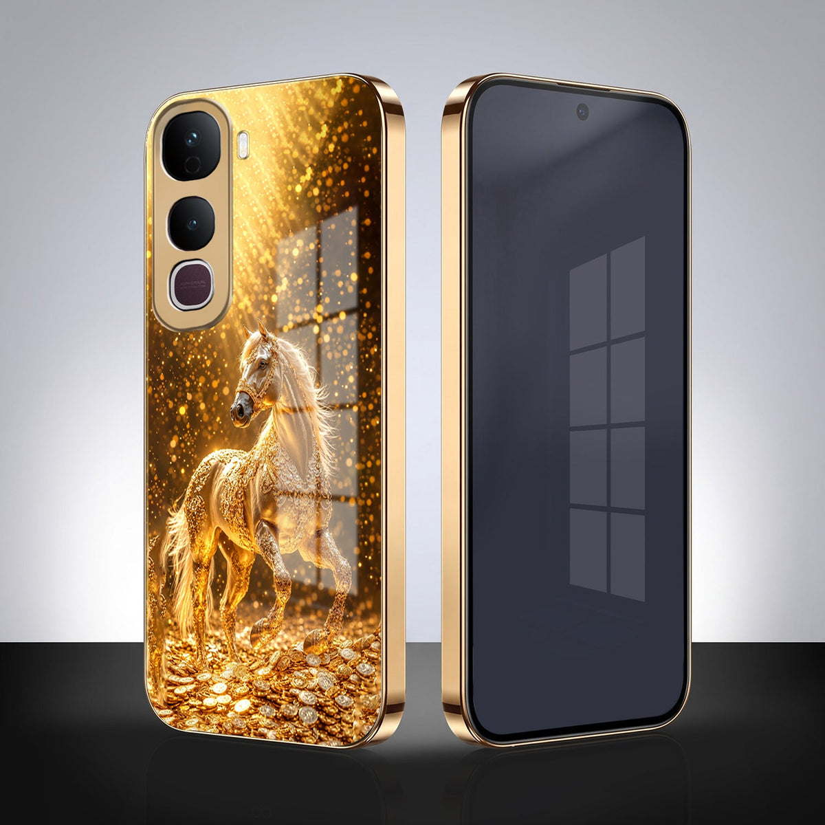 Vivo Y400 Pro 5G Golden Horse Sparkle Gold Electroplated Glass Phone Back Case