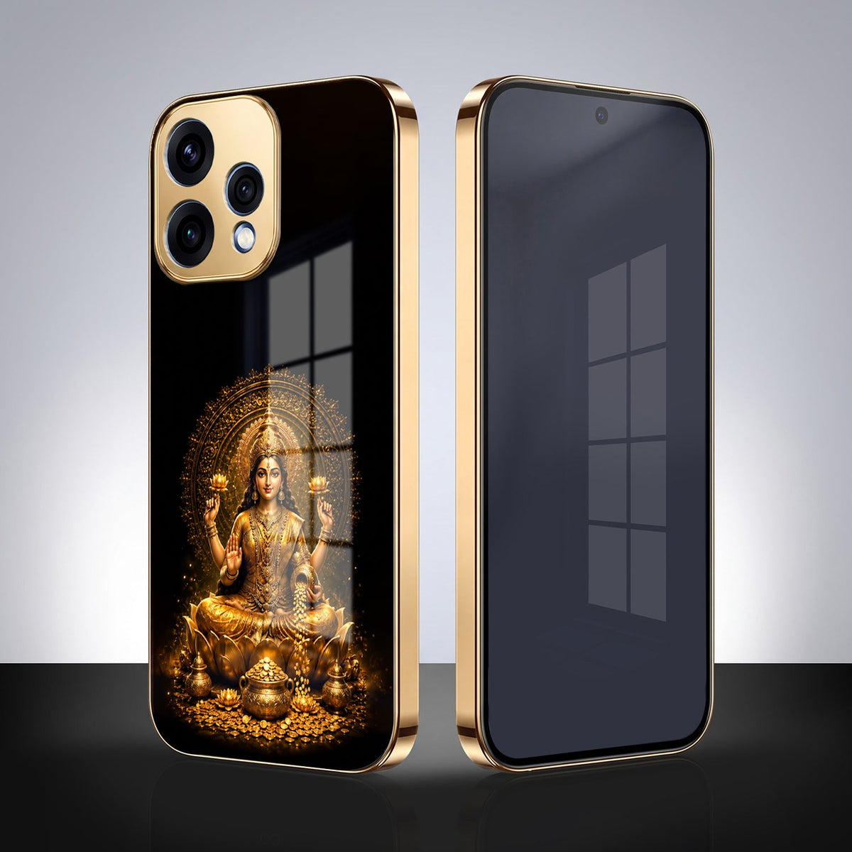 Oppo Reno 15 5G Golden Maa Lakshmi Gold Electroplated Glass Phone Back Case