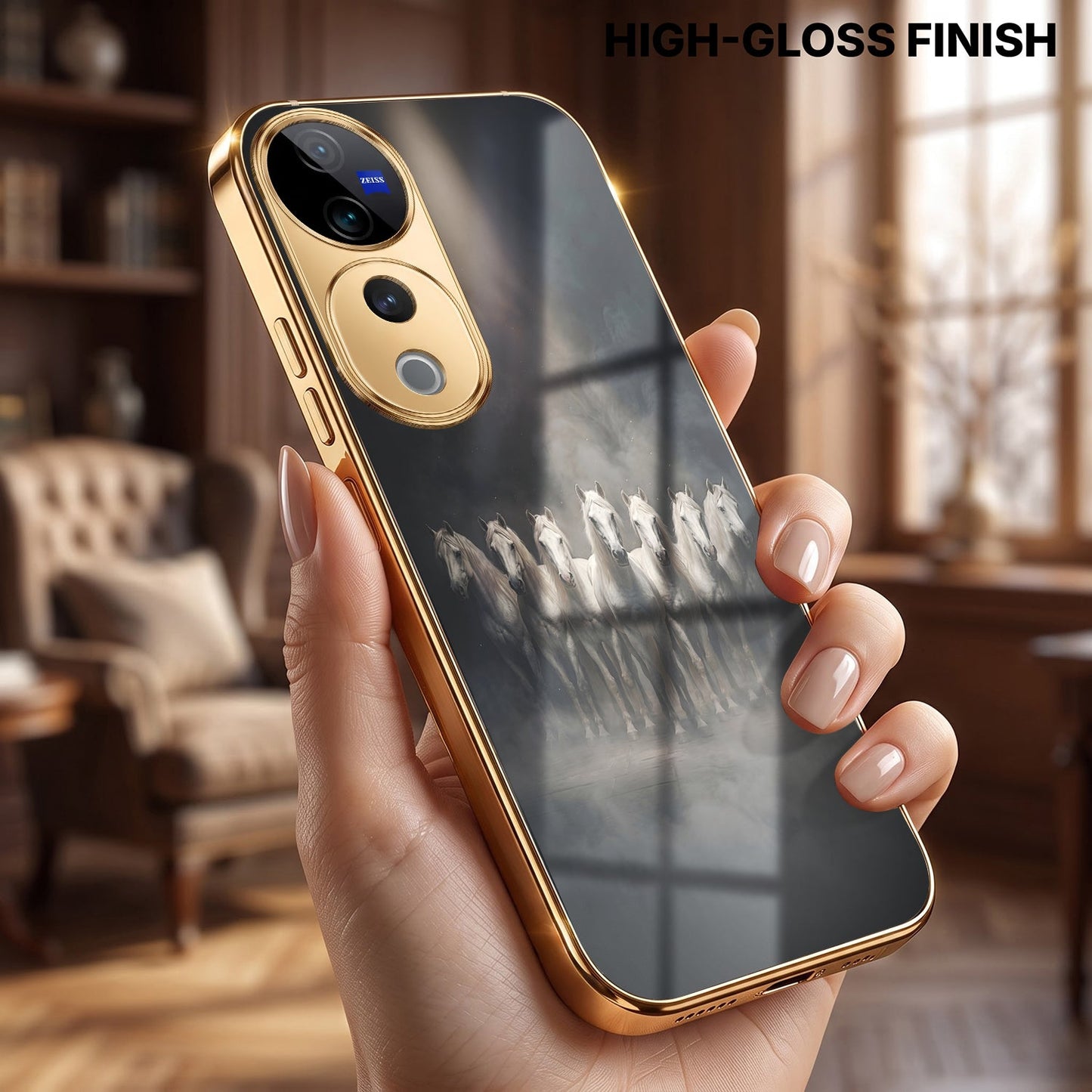 Vivo V40 Pro 5G Running Horses Gold Electroplated Glass Phone Back Case