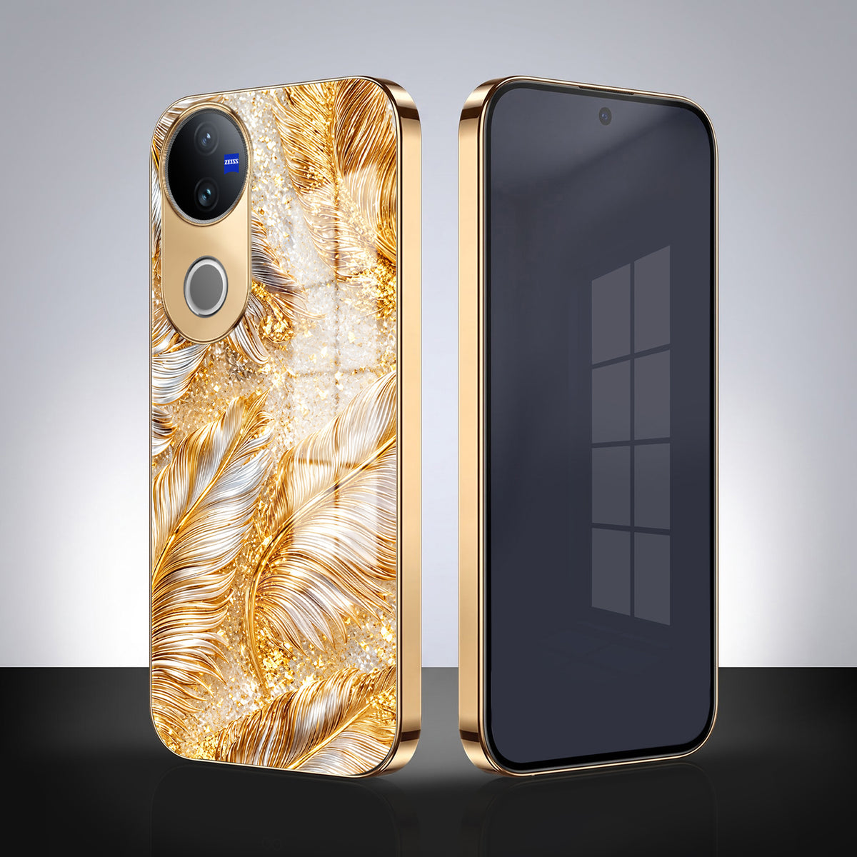 Vivo V50 5G Golden Feather Marble Gold Electroplated Glass Phone Back Case